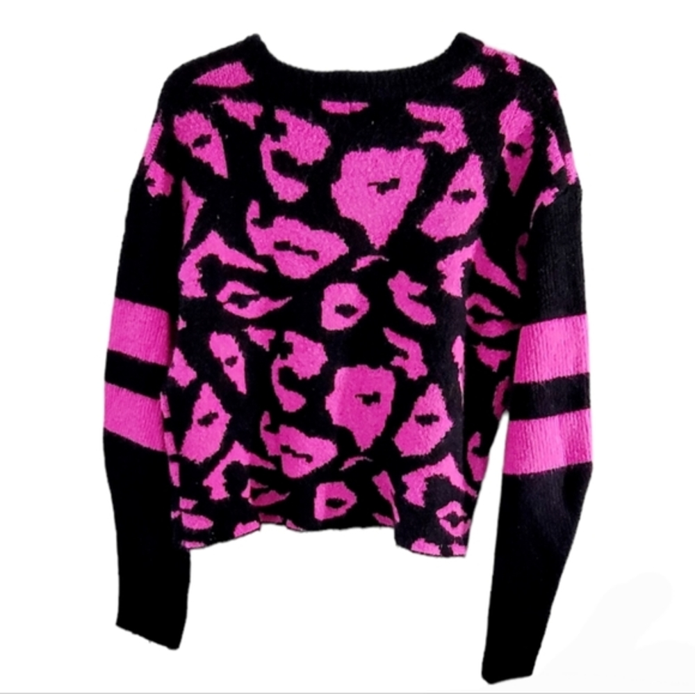 John & Jenn Hot Pink Black Long Sleeve Crew-Neck Sweater Size S/P